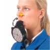Person wearing a draeger 3200 fire escape mouth piece showing signs of wear on the device around the mouth and nose area