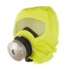 Angled view of draeger parat 5500 fire escape hood in bright yellow with clear face visor and round filter attached