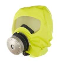 Angled view of draeger parat 5500 fire escape hood in bright yellow with clear face visor and round filter attached