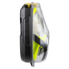 side view of transparent hard plastic case containing a yellow fire escape hood