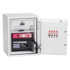 Phoenix combi 2501 fingerprint lock with doors open fully showing shelves, a drawer, and keys hanging inside the door