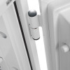 White metal hinge attached to a door and door frame showing its design and build quality