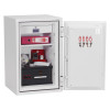 phoenix combi 2502 electronic lock safe with the door open showing keys hanging inside and documents on shelves