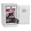 phoenix combi 2502 electronic lock shown on a white safe with doors and drawer open revealing files and keys inside