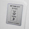 Close-up of a certification plaque with text NT FIRE 017 90 Paper and a certificate number on a white surface