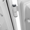 Close-up of silver hinges attached to a white surface showing the joint mechanism