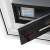 internal door open showing a black door panel with a red outline and a latch mechanism inside a white frame