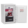 phoenix combi 2502 fingerprint lock showing the door open with shelves holding folders, a safe box, keys, and documents inside
