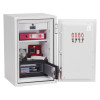 Phoenix combi 2502 fingerprint lock safe with doors open full showing shelves, inner lockbox door open, keys hanging on inside of main door