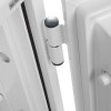 White hinge attached to a white door and frame shown up close on a bright background