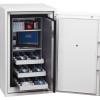 phoenix data commander 4621 fire safe showing open door with three trays pulled out containing discs and laptop on shelf