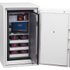 phoenix data commander 4621 fire safe shown fully open with shelves holding discs, a laptop and other items inside