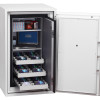 phoenix data commander 4621 fire safe with door open showing three extended data trays holding discs and other items