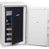 Phoenix data commander 4621 fire safe shown partially open with shelves holding boxes and discs inside