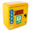 Angled view of a yellow polycarbonate outdoor defibrillator cabinet heating light with labels and handle