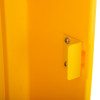 Closeup of the latch on a yellow polycarbonate outdoor defibrillator cabinet heating light