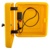 polycarbonate outdoor defibrillator cabinet heating light yellow with front door open showing interior and attached cable