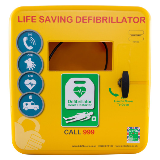 Front view of a yellow polycarbonate outdoor defibrillator cabinet heating light with labelled instructions and symbols