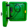 polycarbonate outdoor defibrillator cabinet heating light green front door open showing interior and attached wiring