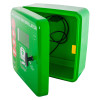 polycarbonate outdoor defibrillator cabinet heating light green with angled door open showing inside and cable