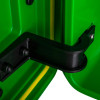 Closeup of the door hinge on the polycarbonate outdoor defibrillator cabinet heating light green
