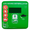 Front view of a green polycarbonate outdoor defibrillator cabinet heating light with visible instructions and icons