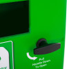 Close-up of the handle on a green polycarbonate outdoor defibrillator cabinet heating light
