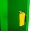 Latch inside the polycarbonate outdoor defibrillator cabinet heating light green showing yellow locking mechanism