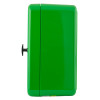 Side view of a green polycarbonate outdoor defibrillator cabinet with a black handle on a white background