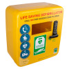 angled view of a yellow polycarbonate outdoor defibrillator cabinet lock heating unit with keypad and handle