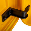 Closeup of a door hinge on a polycarbonate outdoor defibrillator cabinet lock heating light yellow