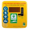 Front view of a yellow polycarbonate outdoor defibrillator cabinet lock heating unit with keypad and signage