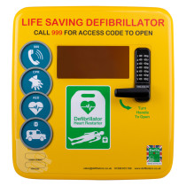 Front view of a yellow polycarbonate outdoor defibrillator cabinet lock heating unit with keypad and signage
