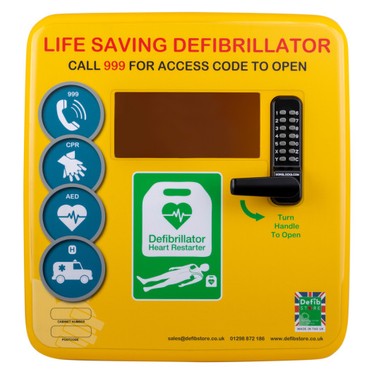 Front view of a yellow polycarbonate outdoor defibrillator cabinet lock heating unit with keypad and signage