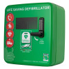 Front angled view of a green polycarbonate outdoor defibrillator cabinet with a combination lock handle and signage