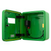Open polycarbonate outdoor defibrillator cabinet showing the inside with wiring and locking mechanism
