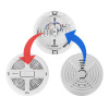 Diagram showing a comparison between different smoke alarm bases. Arrows indicate compatibility: the red arrow points from an older alarm faceplate to the new alarm base, and the blue arrow points from the new base to another model’s mounting pattern.