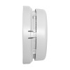 Side view of a smoke alarm showing the layered design where the main alarm body attaches to its mounting plate.