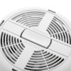 Close-up of the front of a smoke alarm, showing curved ventilation grilles and a central test and hush button labeled “PUSH & HOLD TO TEST & PAUSE,” with additional warnings including “DO NOT PAINT.”
