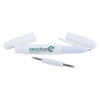 Contents of easichange alarm removal replacement tool showing white plastic tool with two detachable caps and a small metal screwdriver bit