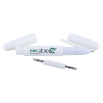 Contents of easichange alarm removal replacement tool showing white plastic tool with two detachable caps and a small metal screwdriver bit