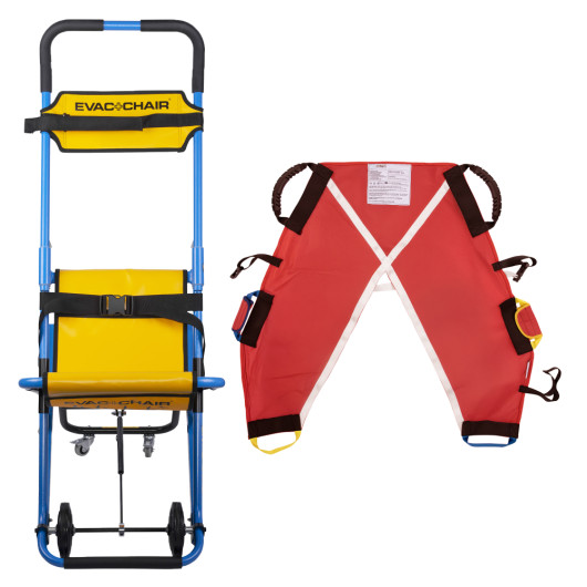 evac chair 300h mk5 with promove sling child shown from the front with the chair and red sling side by side