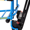 Closeup of the blue metal frame and wheels of the evac chair 1000h showing bolts and part of the black mechanism