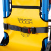 Yellow seat of evac chair 1000h with black adjustable safety belt and blue metal frame