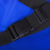 Close up of black buckle and strap on evac chair 110 mini narrow aisle evacuation chair against blue fabric background