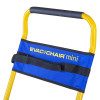 Close up of the blue fabric head rest on the evac chair 110 mini narrow aisle evacuation chair with yellow metal frame