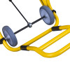 Close up of grey wheels and yellow metal frame of evac chair 110 mini narrow aisle evacuation chair wheels