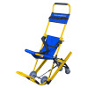 evac chair 110 mini narrow aisle evacuation chair angled view showing yellow frame and blue seat with straps and wheels