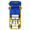 Folded evac chair 110 mini narrow aisle evacuation chair showing blue and yellow frame with wheels