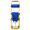 Front view of the evac chair 110 mini narrow aisle evacuation chair showing its yellow frame and blue seat with harness